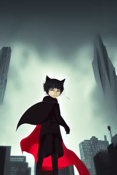 Prompt: little boy with cat ears in an black outfit with red cape. digital artwork made by lois van baarle and kentaro miura, sharpness focus, inspired by hirohiko araki, anatomically correct, heroic composition, hero pose, smooth, night city, hd