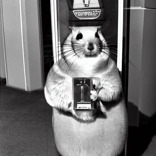 Image similar to tall and fit female anthropomorphic chinchilla mall security guard, cinematic still, daylight, 1980s, hyperrealistic