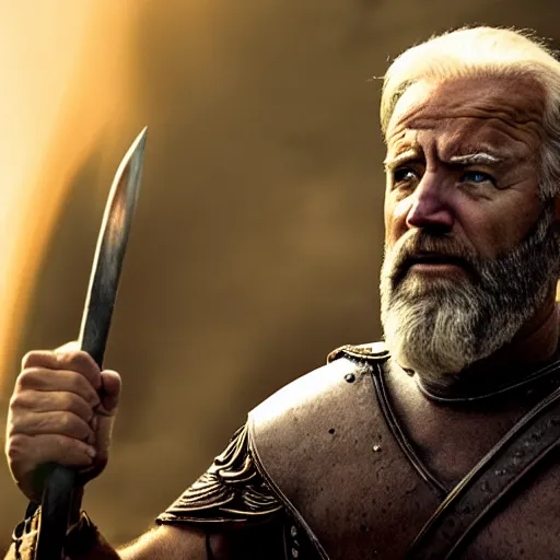 Prompt: cinematic film still of joe biden! as leonidas in 3 0 0 movie, 8 k, epic moody sky, dramatic lighting