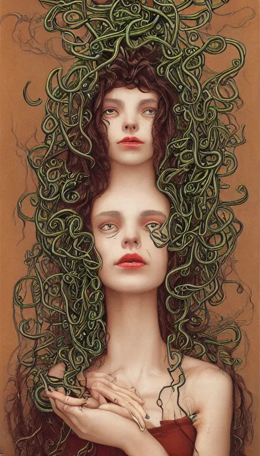 Image similar to very detailed portrait of a 2 0 years old girl surrounded by tentacles, the youg woman visage is blooming from fractal and vines, by gerald brom,