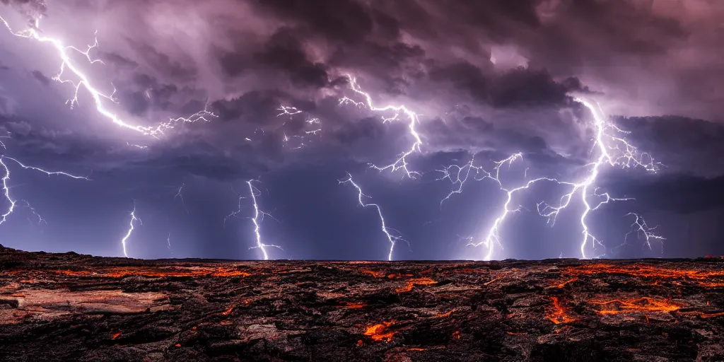 Image similar to Thunderstorm with lightning made out of lava, cinematic lighting, wide angle landscape photography, hyperrealistic, 8k