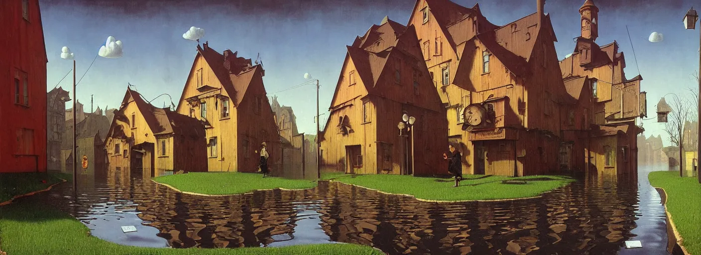 Image similar to flooded! old dark scary wooden empty cursed town street entrance, very coherent and colorful high contrast masterpiece by gediminas pranckevicius rene magritte norman rockwell franz sedlacek, full - length view, dark shadows, sunny day, hard lighting, reference sheet white background