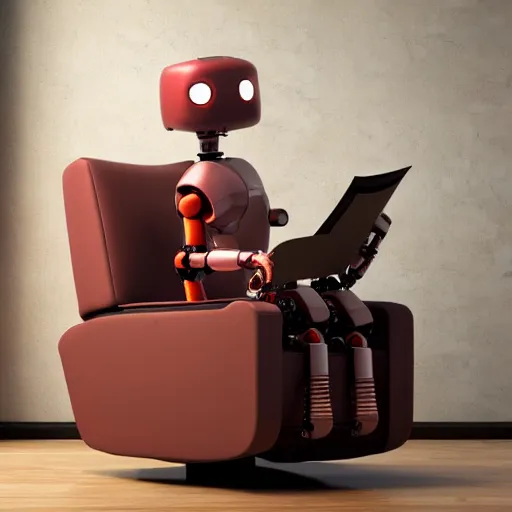 Image similar to futuristic studious matte brown and red and chrome full-body humanoid robot with two huge round expressive sad purple glowing LED eyes and open rectangular mouth sitting on a large comfortable cushioned 1950s vintage recliner reading a newspaper. open newspaper. Cinematic Movie Photograph, Arri Alexa, Extremely Detailed, smooth, very very clean, 8K, octane render, maya render, unreal engine, trending on artstation, DSLR, excellent composition, center frame