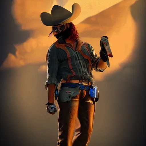 Image similar to Photorealistic cowboy with a bat as a moustache. Hyperdetailed photorealism, 108 megapixels, amazing depth, glowing rich colors, powerful imagery, psychedelic Overtones, 3D finalrender, 3d shading, cinematic lighting, artstation concept art