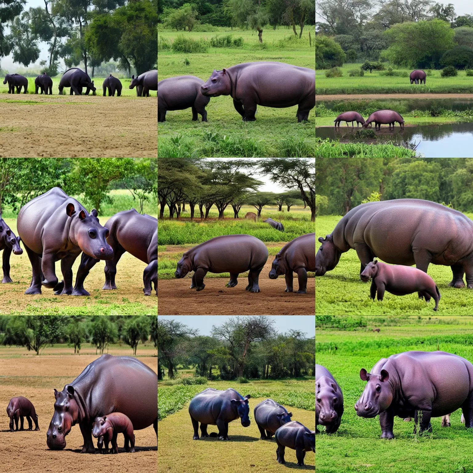 Prompt: a beautiful farm with seven hippopotamuses and five anteaters