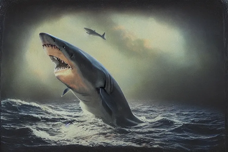 Prompt: giant shark cursed by the bite, painted by bob eggleton and lee brown coye and don maitz and michel granger, trending on artstation, dark atmospheric lighting rear view sacred geometry, tintype, portrait, positivism, tachisme