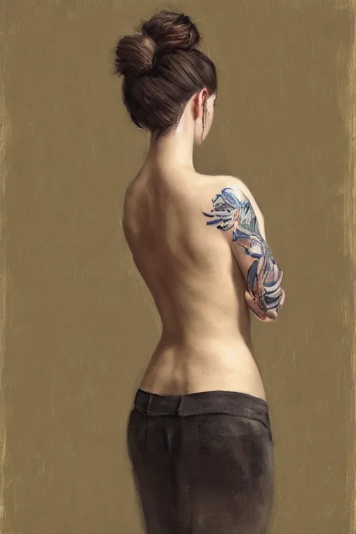 Image similar to girl with messy bun hairstyle, back view, tattoo sleeve, jeremy lipking, joseph todorovitch