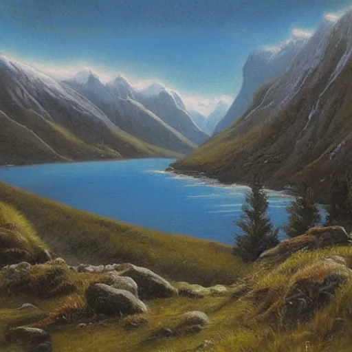 Image similar to John Gully romantic landscape painting of fiordland.