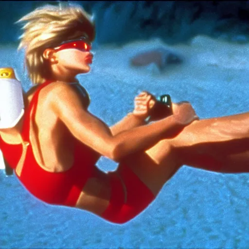 Image similar to a film still of overwatch's tracer in baywatch ( 1 9 8 9 )