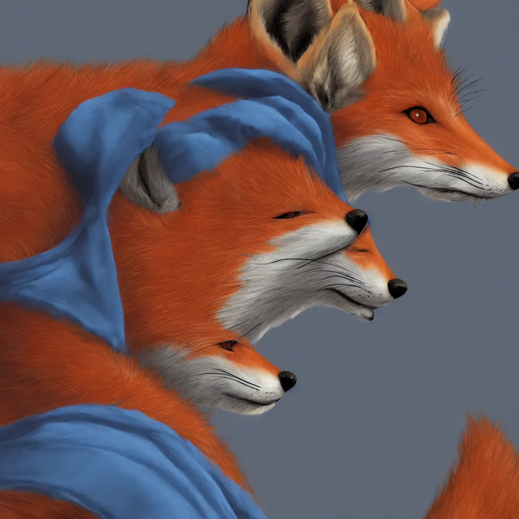 Image similar to a closeup profile shot of an anthropomorphic fox in a blue hoodie sitting in front of the computer, dark tones, concept art, digital art, highly detailed, anime, by hayao miyazaki