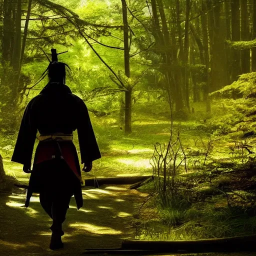 Image similar to a samurai walks alone through the woods at day, bright, sunny, atmospheric, cinematic lighting, intricate detail?