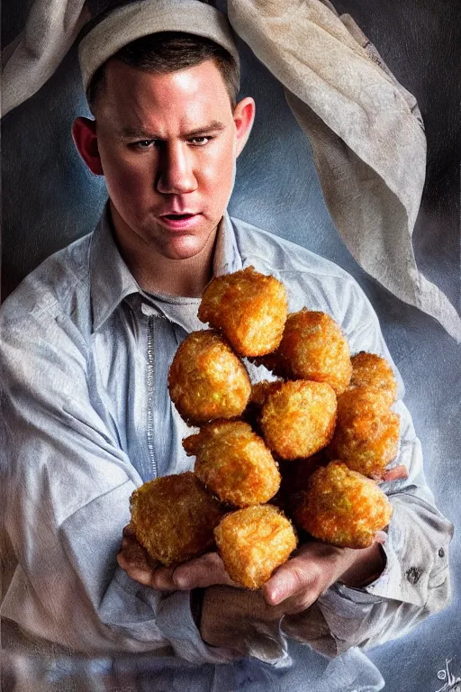 Image similar to a tater tot with channing tatum face, tater tot channing tatum, oil on canvas, intricate, 8 k highly professionally detailed, hdr, cgsociety