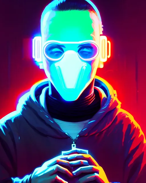 Image similar to cyberpunk synth, hyper - realistic detailed portrait of a man in a hoodie, with neon projection mask, digital painting, by atey ghailan, by greg rutkowski, by greg tocchini, by james gilleard, by joe fenton, by kaethe butcher, sharp focus