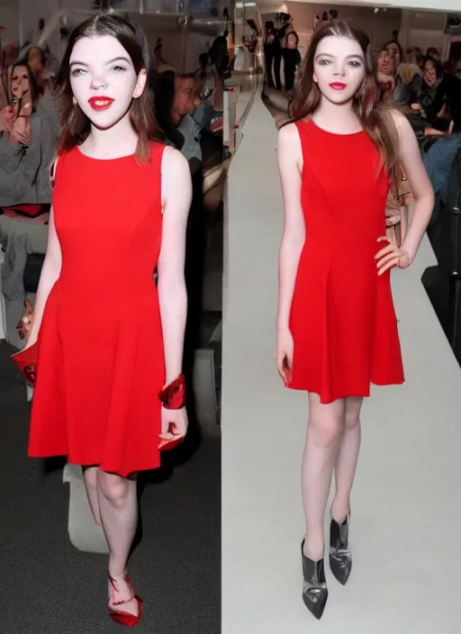 Prompt: anya taylor joy fashion walk with red dress