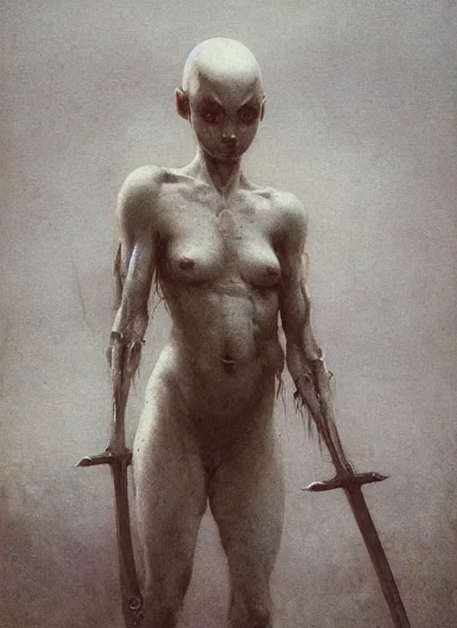 Image similar to cute bald barbarian girl by Beksinski