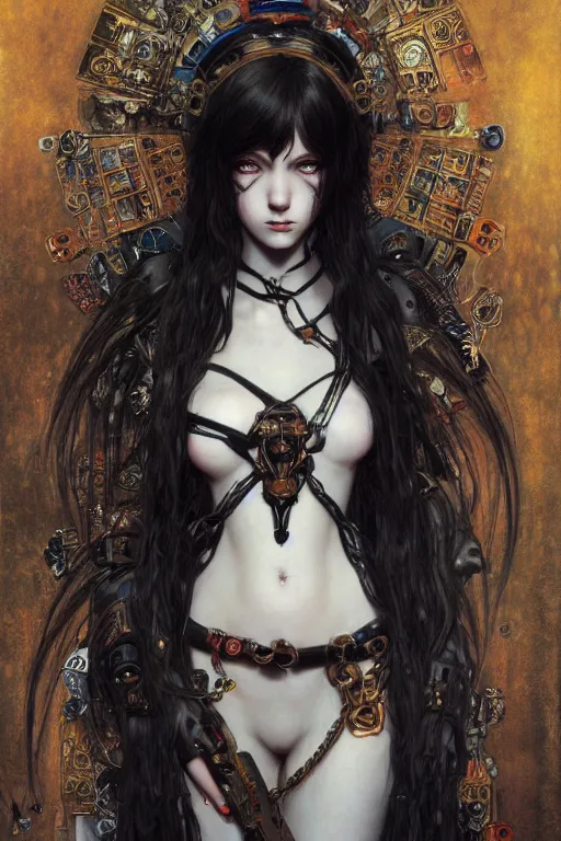 Image similar to portrait of beautiful young gothic maiden, cyberpunk, Warhammer, highly detailed, artstation, illustration, art by Gustav Klimt and Range Murata