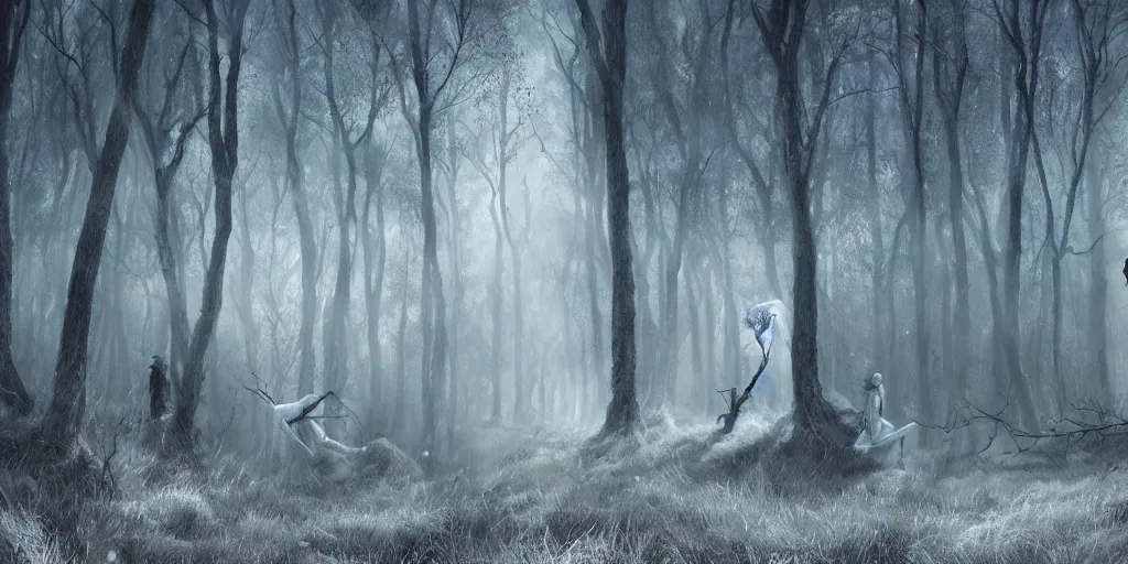 Prompt: ghost's of the forest and wood spirits in the trees with will o the wisp, photorealistic, wlop, 4 k resolution h 7 6 8