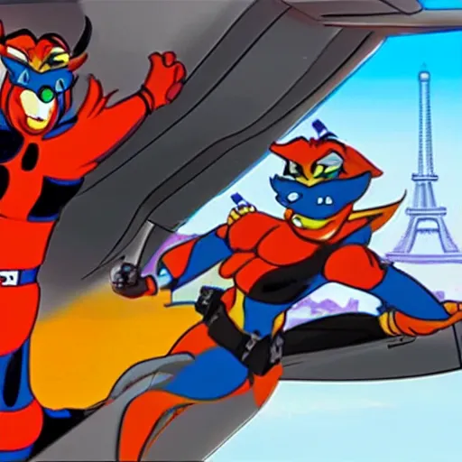 Prompt: swat kats of tbone and razor, in their plane, with eiffel tower visible in background, extremely detailed, imax movie still