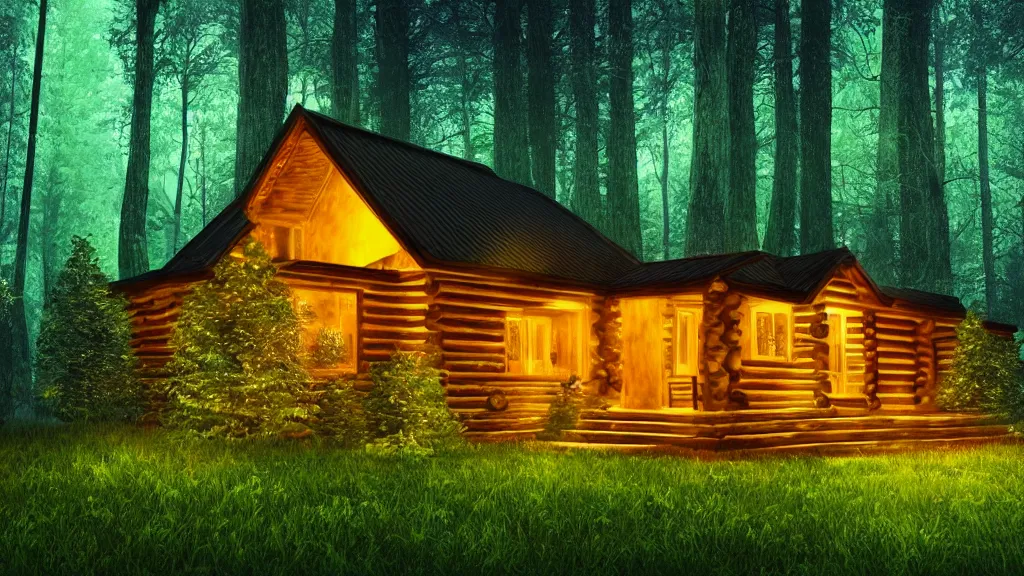 Image similar to portrait of an ethereal log cabin made of golden blue and green light, evergreen forest, divine, cyberspace, mysterious, dark high-contrast concept art