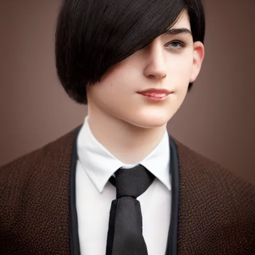 Prompt: a teen with black short hair and dark brown eyes wearing a formal overcoat, hyperrealistic, high quality, high detail, 8k, portait photo
