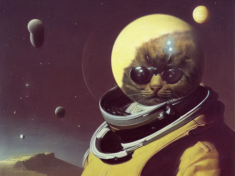 Prompt: an oil painting of a cat in a spacesuit floating by the rings of saturn by beksinski carl spitzweg and tuomas korpi. baroque elements, full-length view. baroque element. intricate artwork by caravaggio. Trending on artstation. 8k