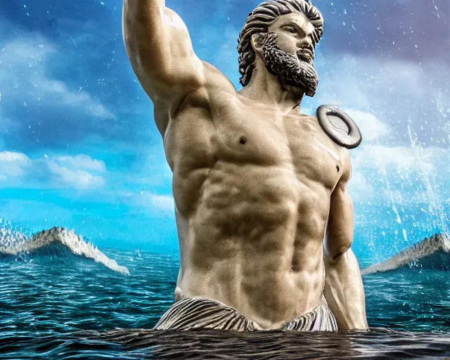 Image similar to a giant abstract sculpture of a legendary greek warrior god on the water, in the style of thomas schutte, award winning, cinematic, hyper - realistic, very detailed, realistic water splashes, ray tracing, 8 k resolution, long - shot, sharp focus, low angle, 8 5 mm photograph, wide lens