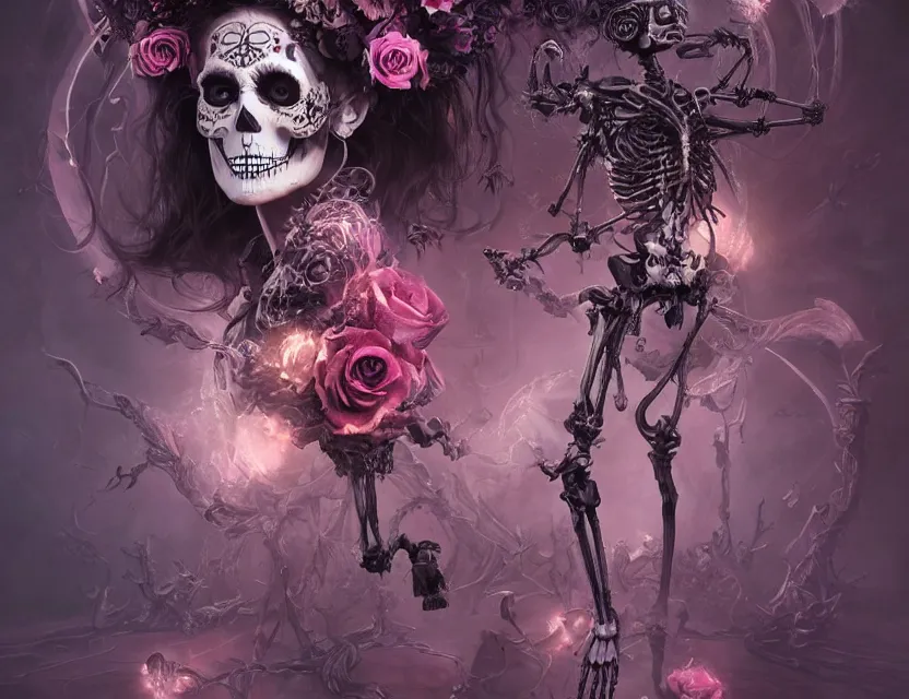 Image similar to a chaotic goddess of death skeleton as a heroine, intricate, elegant skull black rose s day of the dead atmospheric, dramatic, Trending on artstation. augmentations and cybernetic enhancements neon circuits, greg rutkowski , hyperrealist, cinema4D, 8k highly detailed