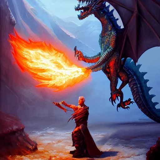 Image similar to A highly detailed, fantasy oil painting by Greg Rutkowski of a sorcerer casting a fireball spell against a huge ancient ice dragon