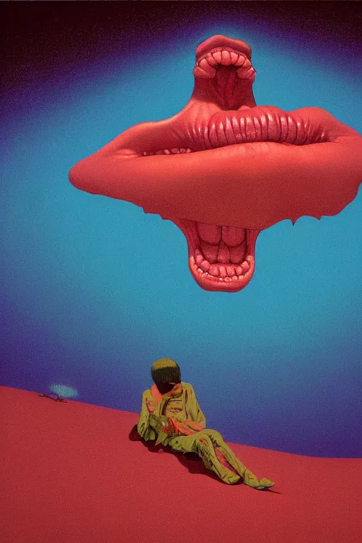 Image similar to man licks a tab of LSD acid on his tongue and experiences psychedelic hallucinations, by kawase hasui, moebius, Edward Hopper and James Gilleard, Zdzislaw Beksinski, Steven Outram colorful flat surreal design, hd, 8k, artstation