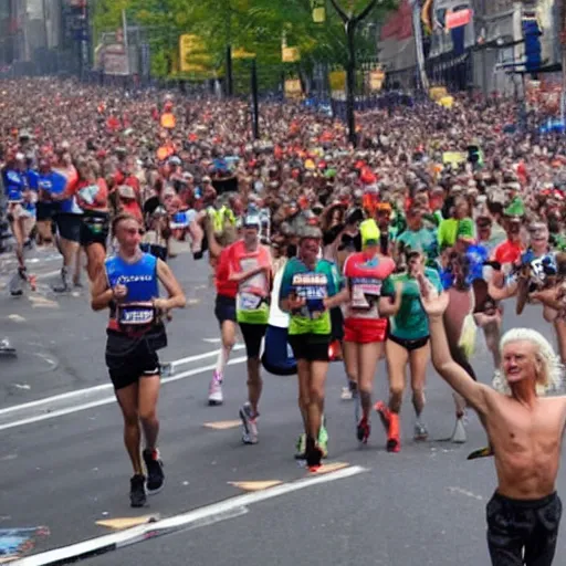 Prompt: shirtless geert wilders hands up finishing the marathon of new york