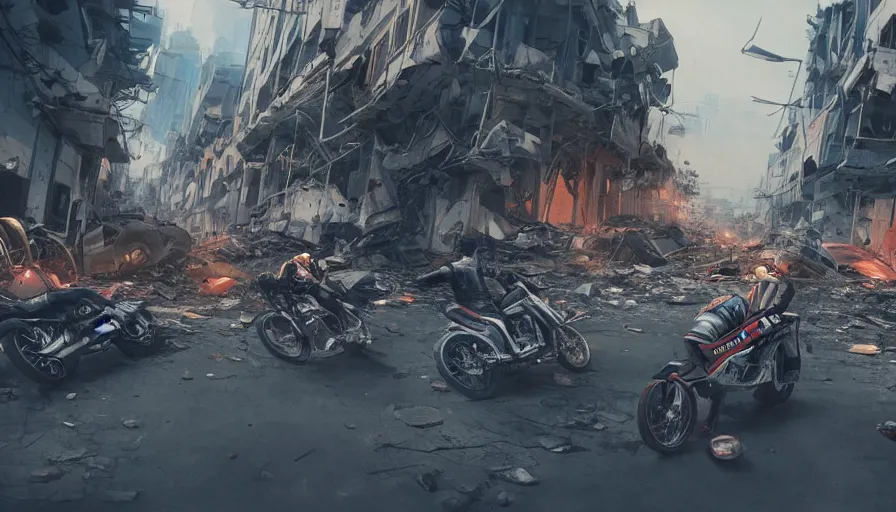 Prompt: Motorcycle race in the streets of a destroyed city, hyperdetailed, artstation, cgsociety, 8k