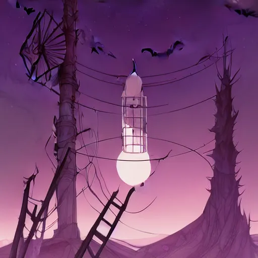 Image similar to abigail larson, don bluth, artgerm, joshua middleton, purple color pallete, welcome to night vale, radio tower with black hole above it, helicopter, spooky strange weird quirky, cartoon, 2 d, chiral lighting