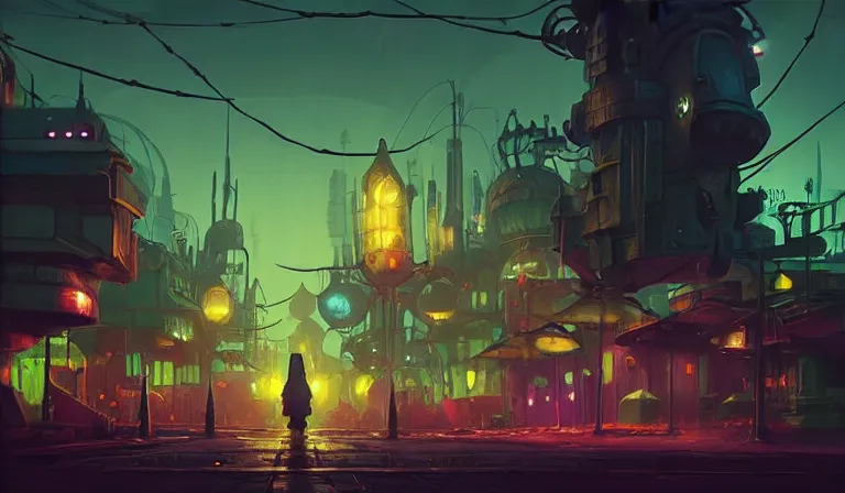 Prompt: fantasycore. magic the gathering art. street view of 1950s machinarium cityscape at night by beeple and NIARK1 and tom whelan. cute gigantic 1950s robots. cel-shaded. glossy painting.
