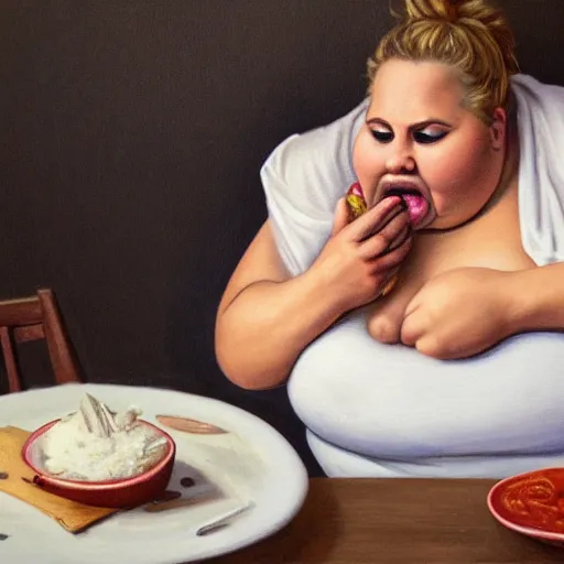 Image similar to a morbidly obese woman eating food with belly out, highly detailed, epic lighting, hyper photorealism, 8 k