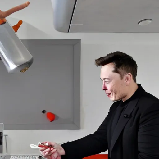 Image similar to elon musk pouring ketchup in a caja - madrid office.