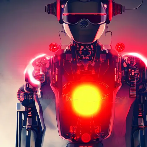 Prompt: man blowing up a cyberpunk robot with red power coming out of his hands, very detailed, realistic, symmetrical face, art by digital painting,