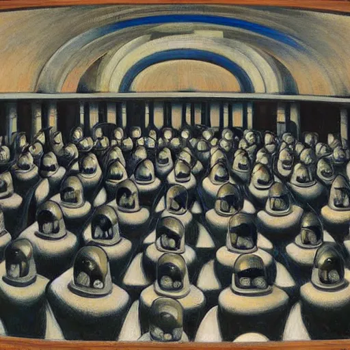 Image similar to robotic choir in an amphitheater, pj crook, grant wood, edward hopper, syd mead, chiaroscuro, oil on canvas