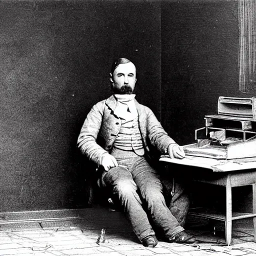 Image similar to an early 1800s photo of someone sitting at a computer making a donut in blender3d