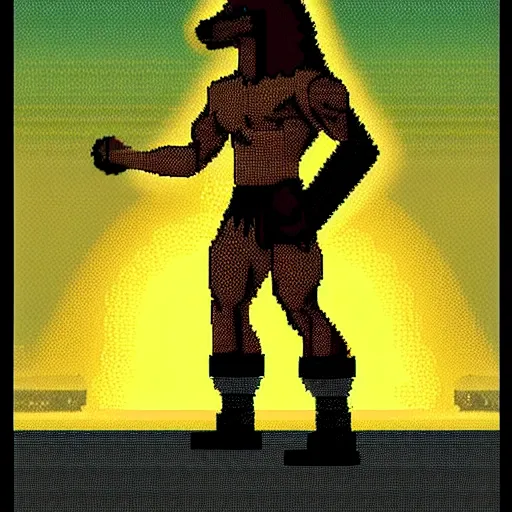 Image similar to full body portrait. 8 bit nes graphics. antropomorphic muscular masculine wolf. kickboxer fighter, in shorts. wolf head. furr on body. side view. postapocalyptic night city on background