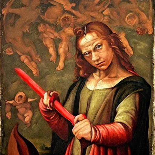 Image similar to Renaissance painting of goblin with red eyes raging rusty sword