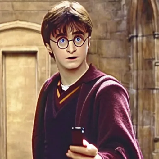 Image similar to movie still of harry potter holding an iphone in hogwarts, movie, harry potter, screenshot, detailed