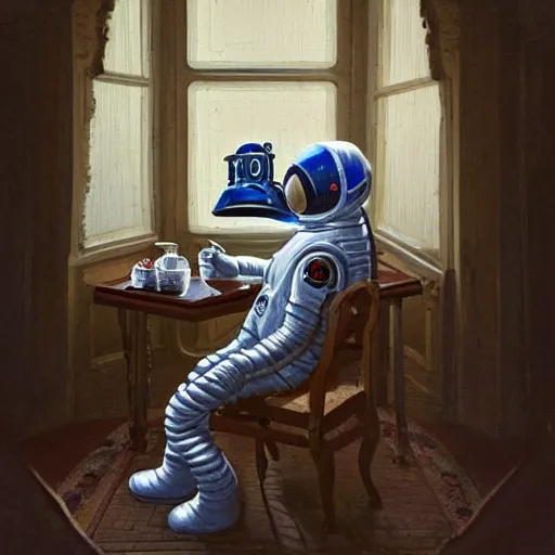 Prompt: a single cosmonaut in a spacesuit drinks a steaming cup of tea at an old wooden desk in a richly decorated house. :: by beeple and James Gilleard and Justin Gerard :: the autumn light comes in through a window and dimly illuminates the room. Ornate, dynamic, particulate, intricate, elegant, highly detailed, centered, artstation, smooth, sharp focus, photoreal octane render, 3d