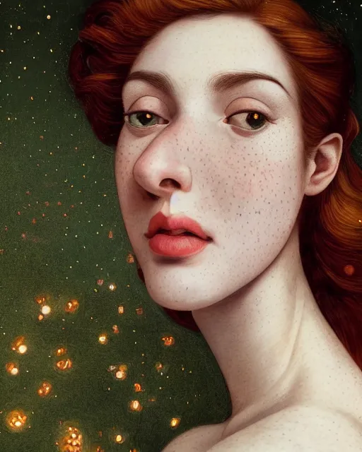 Image similar to a happy, modern looking young woman looking over shoulder, wonderful detailed dress, among the lights of golden fireflies and nature, long loose red hair, intricate details, green eyes, small nose with freckles, triangle shape face, smiling, golden ratio, high contrast, hyper realistic digital art by artemisia lomi gentileschi and caravaggio and artgerm.