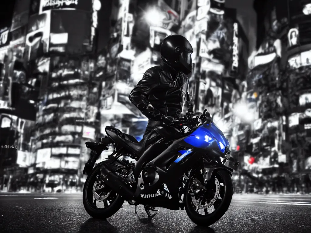 Prompt: a Photorealistic hyperdetailed hyper realistic dramatic moody Low angle night time close up render of a lone biker speeding on a GSX R1000 in the middle of busy shibuya crossing Tokyo,multiple long light trails,Beautiful dramatic moody tones and lighting,cinematic atmosphere,photorealism,8K