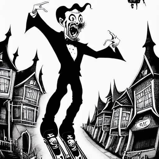 Prompt: black and white trippy comic art depiction of dracula the vampire wearing a suit and roller skating on prominently featured roller skates, zooming down the street with action lines flying past him, drawn by martin rowson, tim burton, alex pardee, nekro petros afshar, cgsociety, awesome, cool, detailed, 4 k