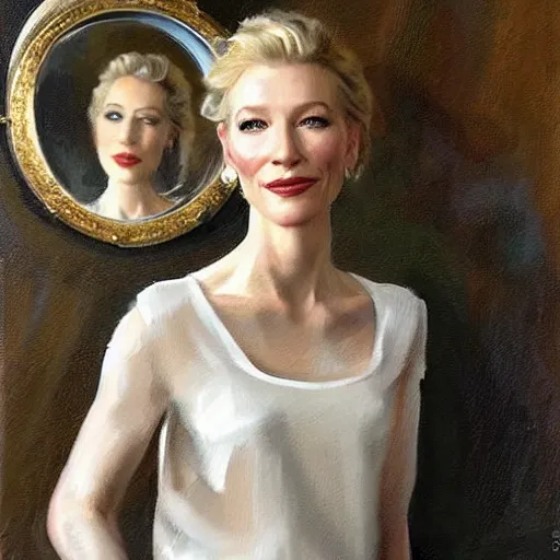 Image similar to cate blanchett in low-cut blouse in front of a mirror, painting by Vladimir Volegov