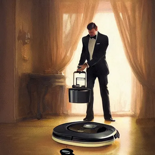 Prompt: A humble carrying a cup roomba butler attempts to serve food to guests at a fancy houseparty, 4k, trending on Artstation, art by Greg Rutkowski