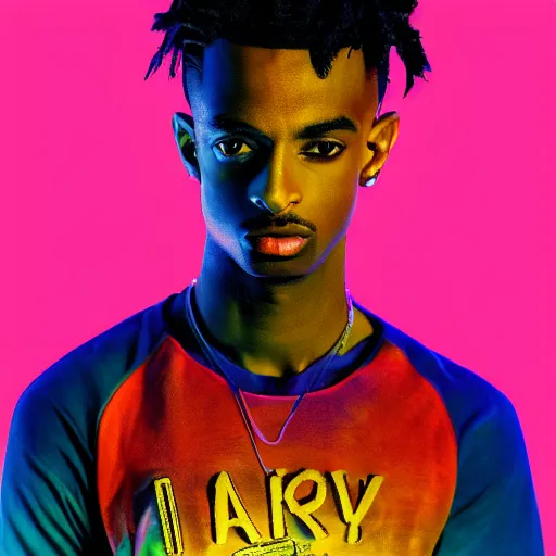 Image similar to playboi carti, photorealistic, detailed face, full body shot, 8 k, hd, neon colors, over saturated colors, wok, cluttered background with hype things, mumble,