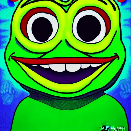 Prompt: pepe the frog walking by in summer dawn, in style by matt furie, positive atmosphere, cool vibes, deep depth field, masterpiece, cinematic composition, hyper - detailed, hd, hdr