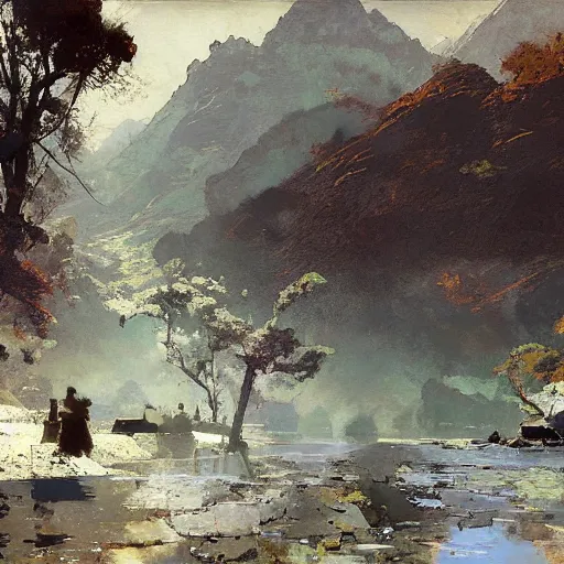 Image similar to earthy by frederic remington, by wadim kashin. the computer art is of a small village with a river running through it. in the distance, there are mountains. the sky is clear & the sun is shining.